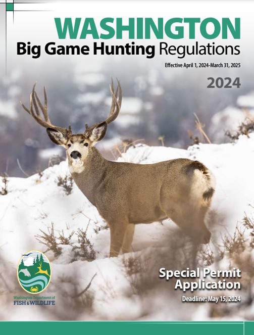 The 2024 cover of the Washington Big Game Hunting Regulations featuring a photo of a mule deer buck in the snow.