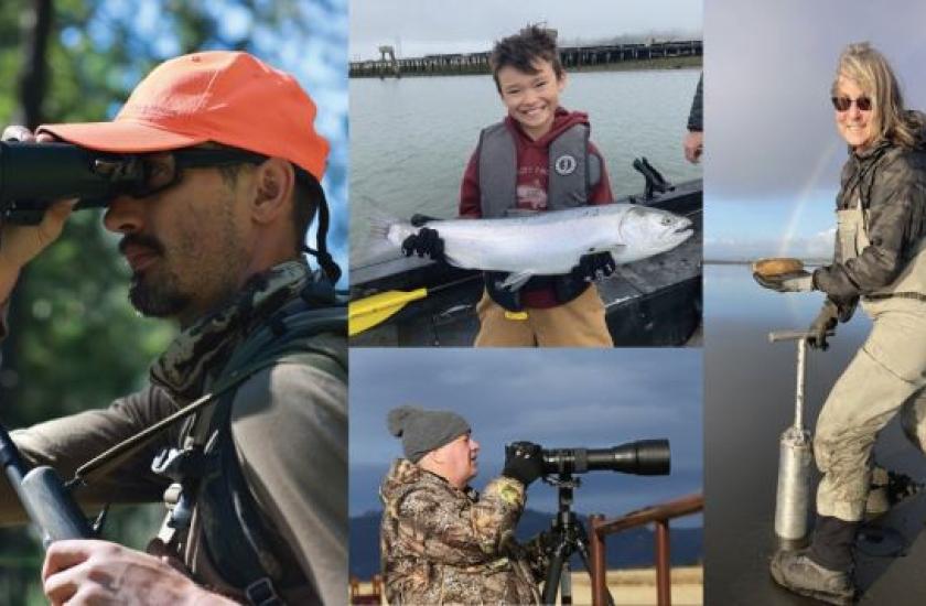 Photo collage with person scoping wildlife while hunting, kid fishing, person clam digging, and person watching wildlife. 