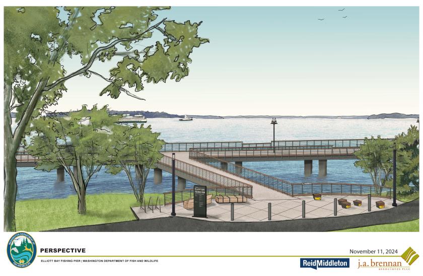 Illustrative graphic showing draft design of Elliott Bay Fishing Pier, with benches, lights, sign, and guardrails. 