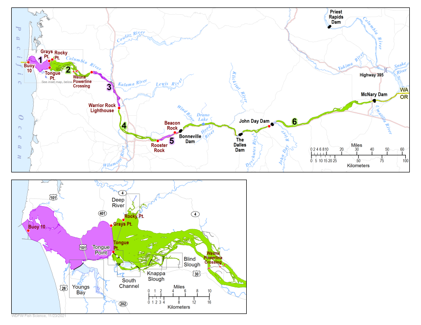 Map of sections of the Columbia River