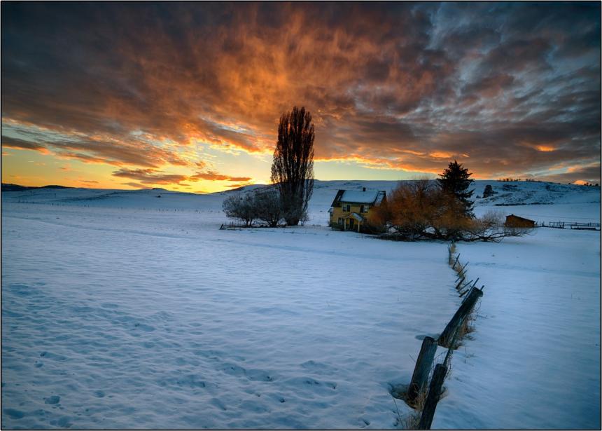 Building in sunrise in Okanogan Highlands