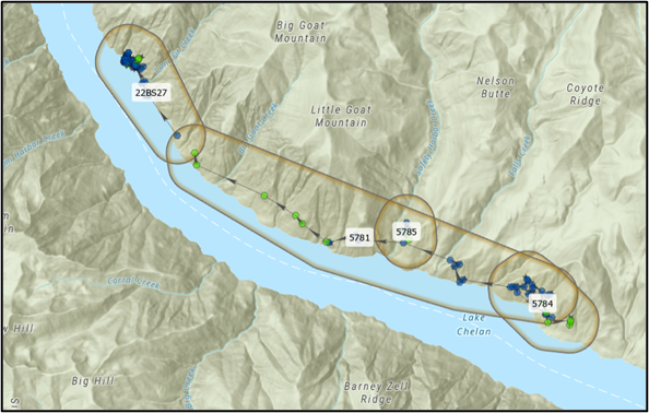 A map with GPS collar data from the Manson herd