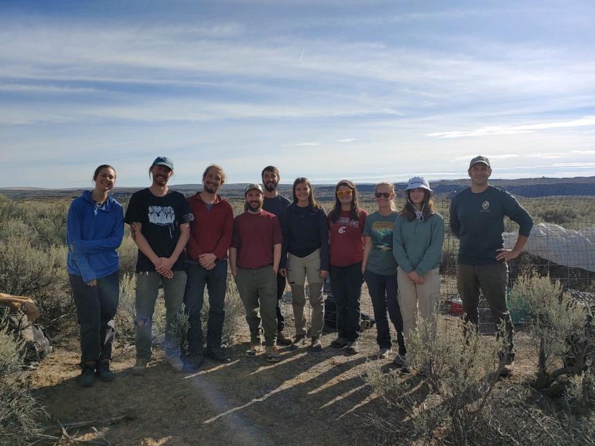 Volunteers gather outside the Rimrock breeding enclosure for a capture effort.