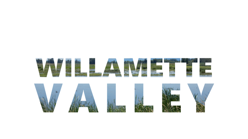 Text "Willamette Valley" is overlaid with an image of a wetland in the Willamette Valley of WA.