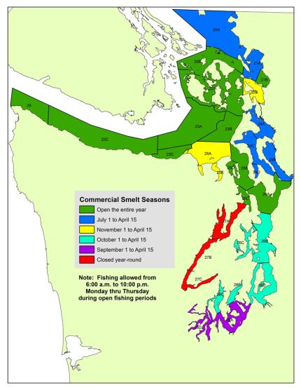 Map of commercial smelt seasons in Puget Sound