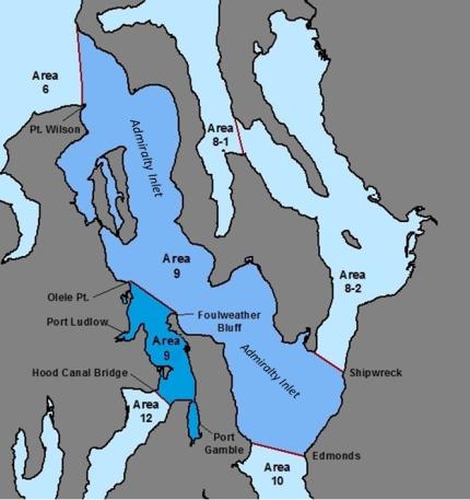 Map depicting the crab sub-areas of marine area 9