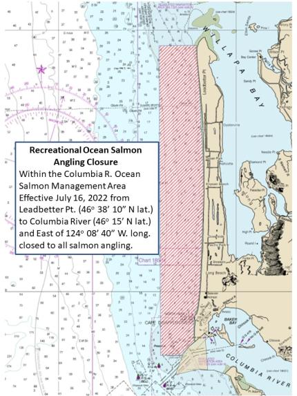 Closure area extending from Columbia River to Leadbetter Point and seaward approx 3 miles. 