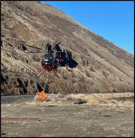 Helicopter flying low to the ground and capturing a bighorn sheep