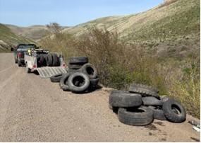 Tires in the road.