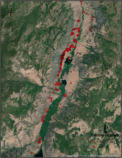 A map with bladder senna and multiflora rose treatments dotted on it