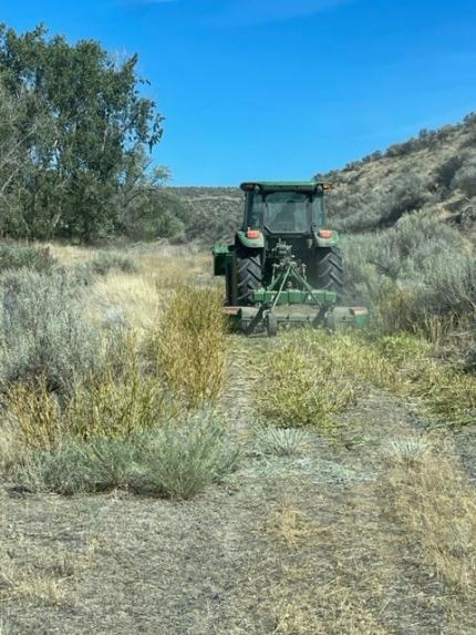 A tractor mowing a roadway