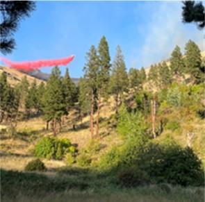 A plane dropping fire retardant in the distance