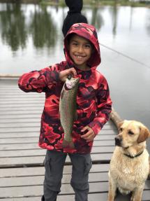 Boy holding fish with dog on dock